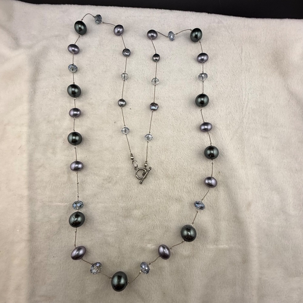 Modern Beaded Necklace Black Oil Slick Imitation Pearl‎ Peacock Rhinestone 40"